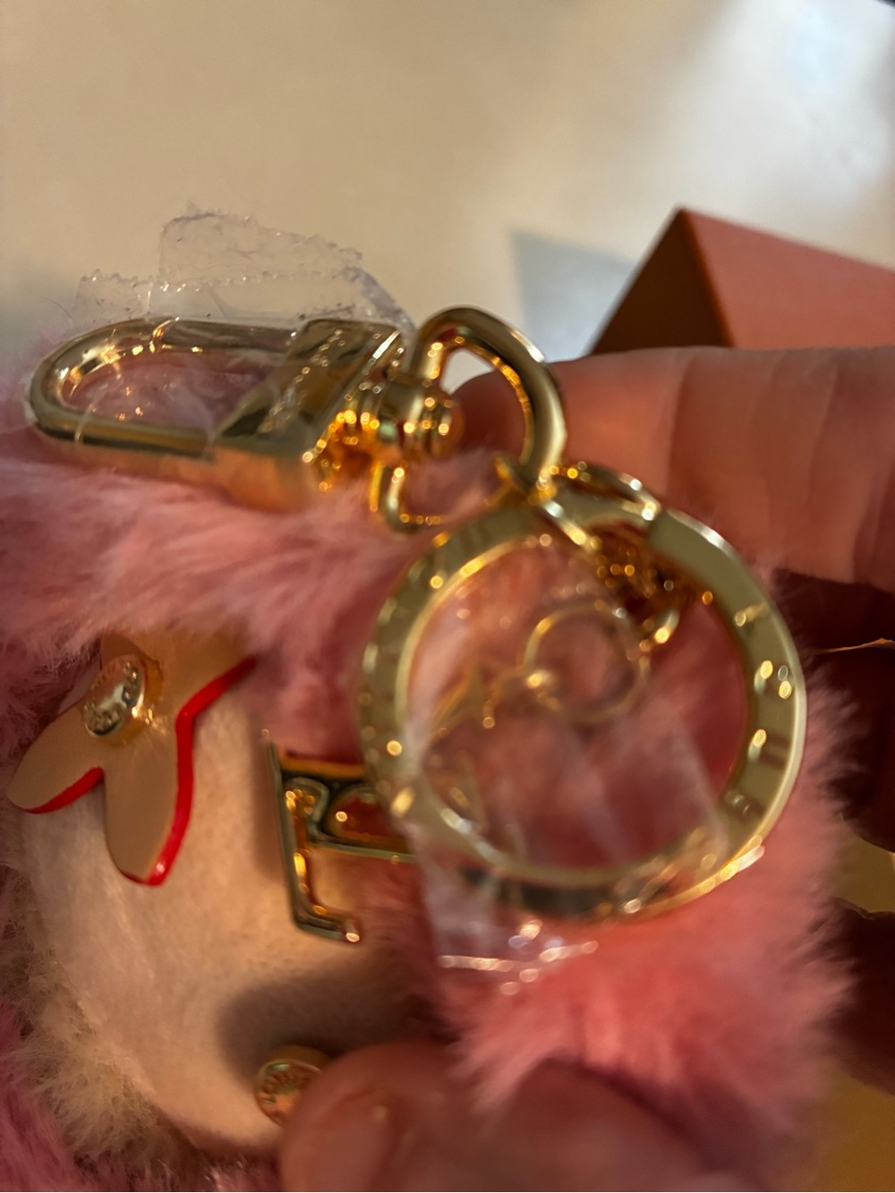 LV Vivienne Pink & Cream Fur Charm Key Holder/ Bag charm with stamp Gold Accents - Picture 5 of 8